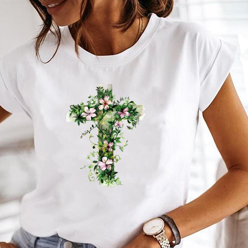 (Asian Size) Tee faith flower sweet Clothing T Shirt Printed Women Casual Fashion Lady Female Top Graphic Short Sleeve T-shirts