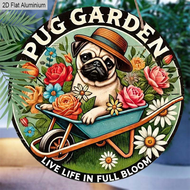 2D Flat 1pc Humorous Garden “PUG GARDEN” Aluminum Sign Round Decorative Hanging Ornament, Home Kitchen Garden Balcony Fence Decor, Gardening Studio
