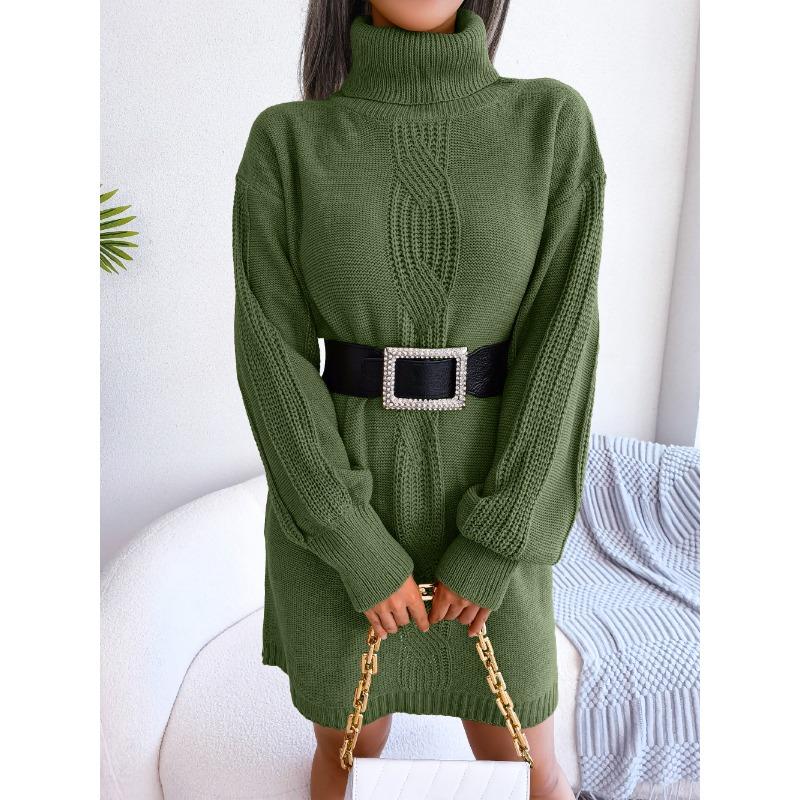 Autumn Winter Womens Casual Turtleneck Lantern Sleeve Knit Dress No Belt