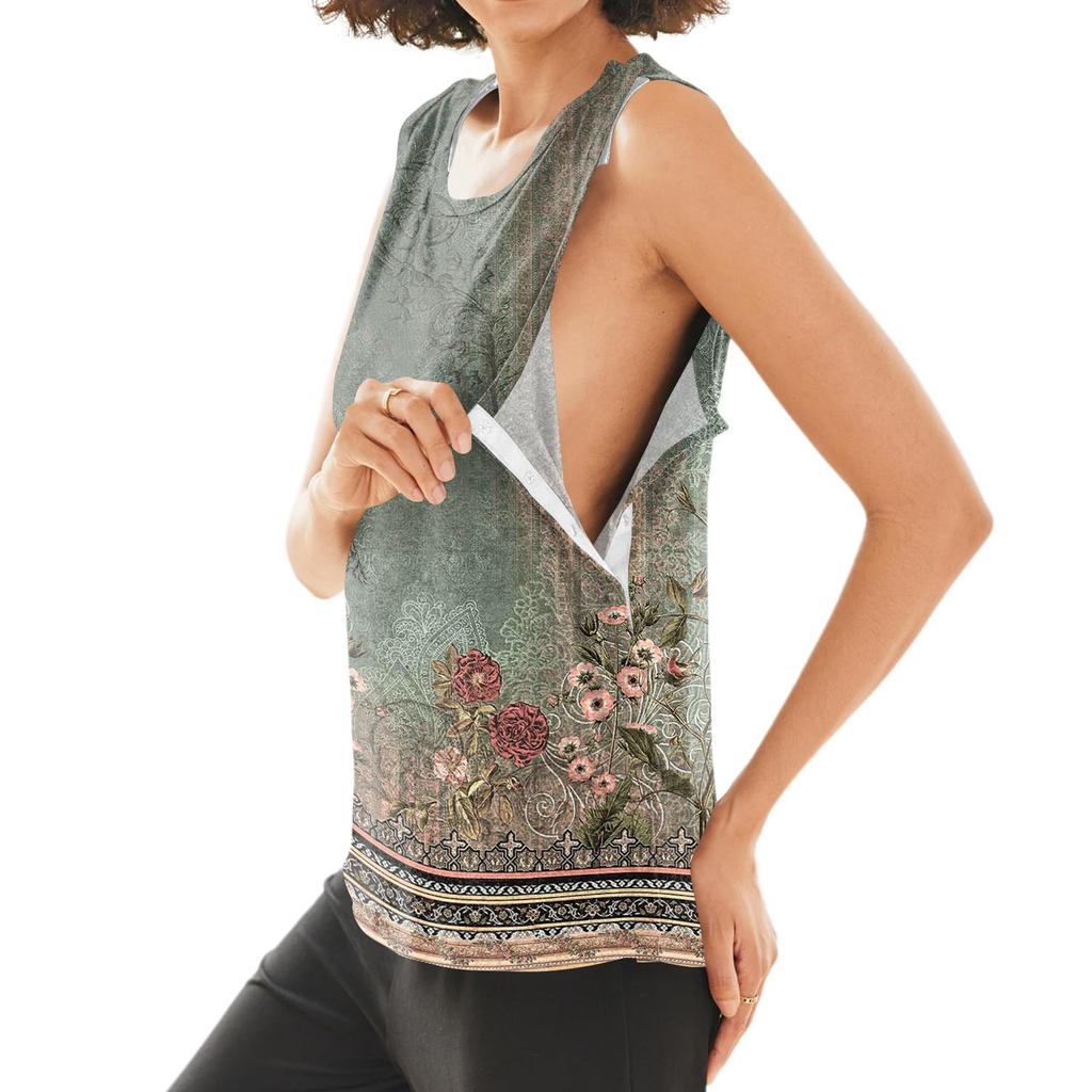 Women Shoulder Surgery Shirt Sleeveless Top with Snap Closure and Floral Print Adjustable Sleeve Design Post Operative Clothing for Recovery
