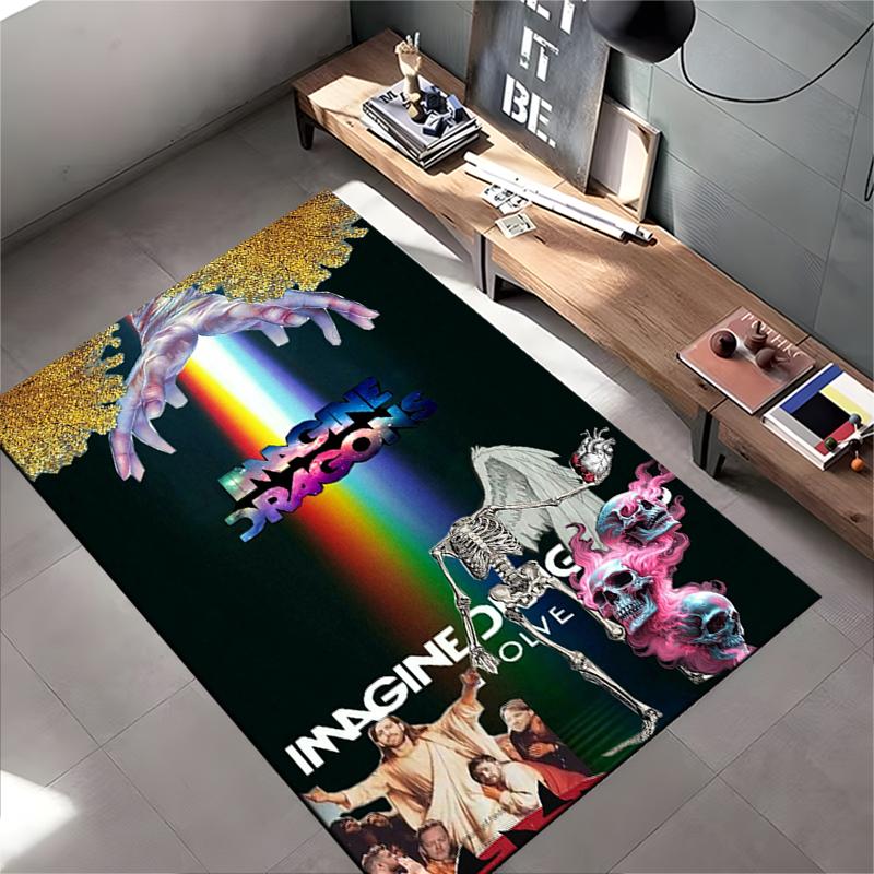 Rock Band Area Rug, Imagine Dragons Evolve Rainbow Skeleton Winged Hand Surreal Collage Print, Rock Decor, Non-Slip Mat