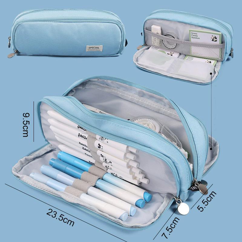 Large Capacity Pencil Case 3 Compartment Pouch Pen Storage Bag Double Side Opening Student Stationery Organizer School Supplies