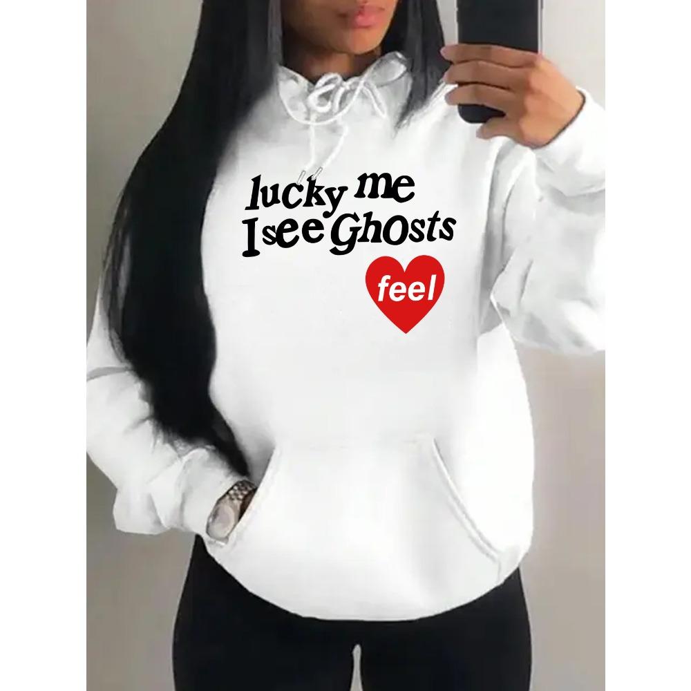 Glücklich ich sehe Geister Kunst Buchstabenmuster Damen Hoodie Herbst Mehrfarbig Hoodies Streetwear Fleece Tasche Kapuzenpullover
