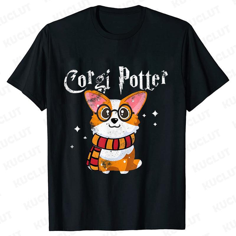 Kawaii Corgi Potter TShirt for Women Clothing Fashion Corgi Dog Lovers Cute Graphic Tees Short Sleeve Shirt Femme Streetwear S