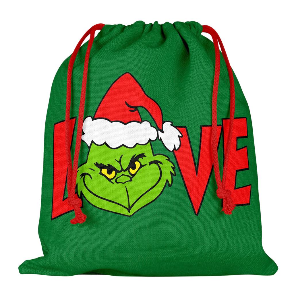 Julegavepose, dobbeltsidig trykt gavepose, julesnørepose, grønn snorgavepose til ferie