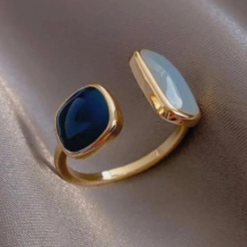 

2023 French New Retro Square Blue Oil Dripping Ring Fashion Temperament Simple Opening Ring Women s Zircon resizable