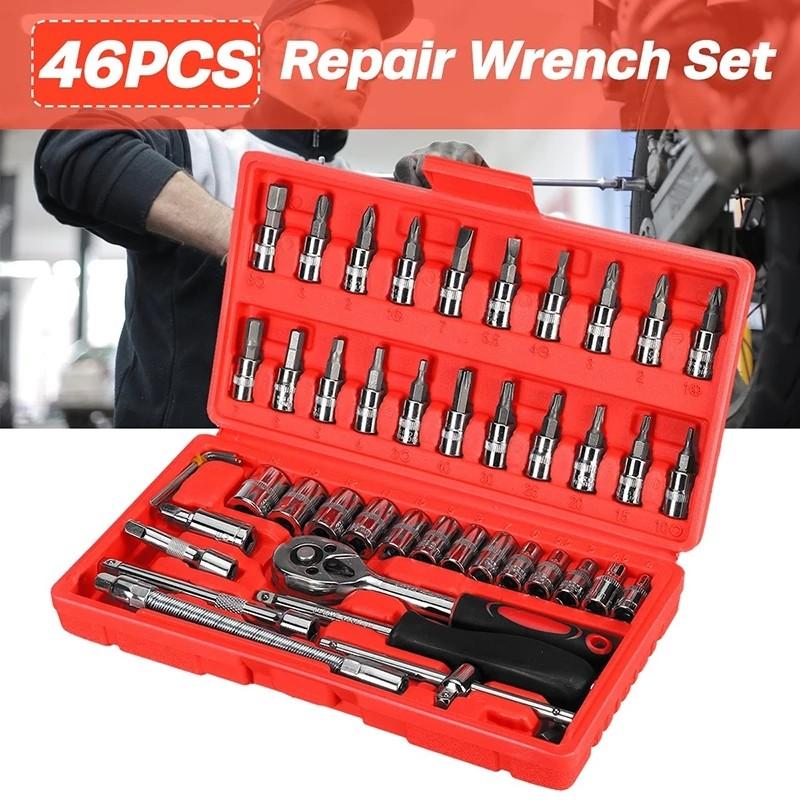 46pcs Car Repair Tool Set Featuring 1/4 Inch Socket Ratchet Torque Wrench and Multi-Purpose Tools Kit for Auto Maintenance