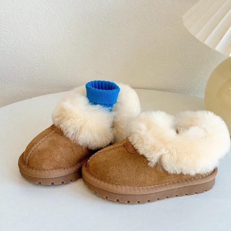 Children's Genuine Leather Snow Boots Lamb Wool Cotton Shoes Korean Style Plus Velvet Thickened Loafers