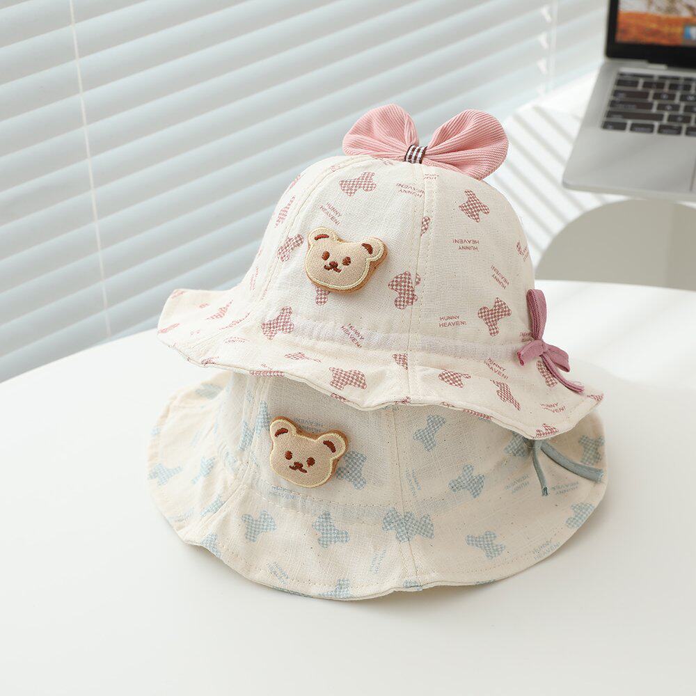 Baby Cotton Cap 46cm 3-12 Months Cartoon Bear Fisherman Hat Spring Summer Infant Toddler Cute Floppy Bow girls Sun Hat