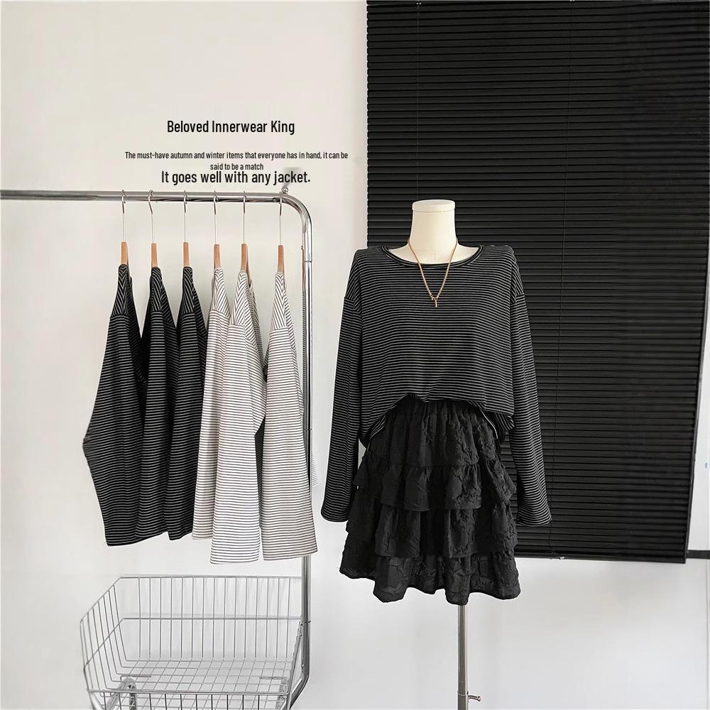 

Velvet Striped Women s Brushed Long Sleeve Top - Versatile, Loose, Slimming Autumn/Winter Trend M
