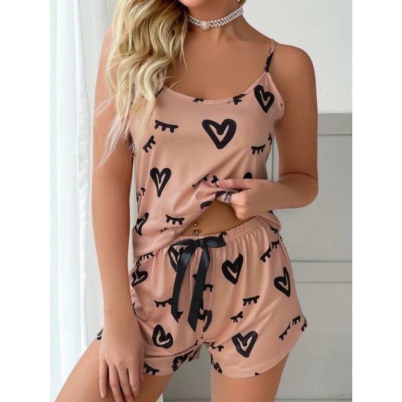 Women's Casual Heart Pattern Dark Pink Pajama Set
