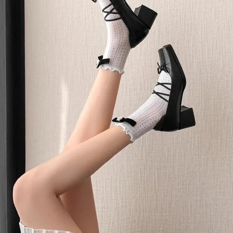 Mary Jane Flat Heels Retro Style Women's Shoes Spring Autumn Sweet Cool Butterfly Knot High Heels Comfortable Rubber