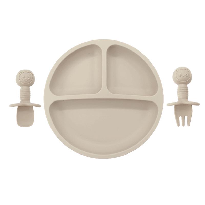 Children's Silicone Divided Plate & Cartoon Bear Spoon Fork Set - Drop-Proof Infant Feeding Tableware