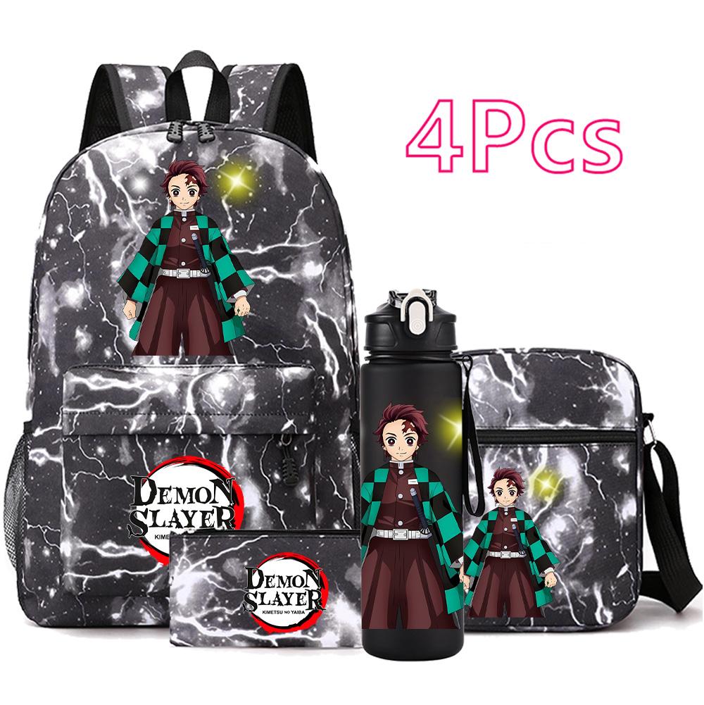 4 Pezzi/set Zaino Stampato Anime Demon Slayer con Borraccia da 750 ml per Adolescente Studente Ragazza Ragazzo Grande Capacità Impermeabile Borsa per Libri Regalo