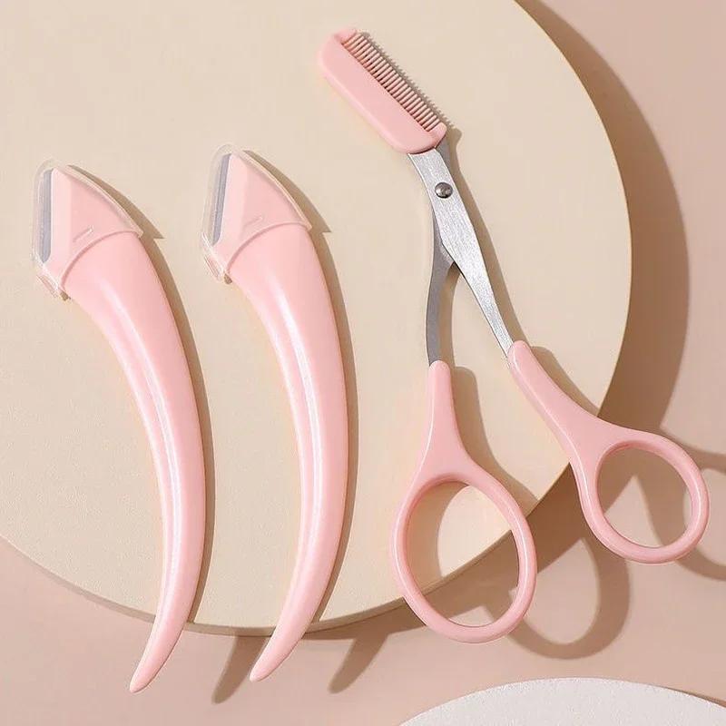 3Pcs Eyebrow Trimming Knife Eyebrow Face Razor For Women Eyebrow Scissors With Comb Brow Trimmer Scraper
