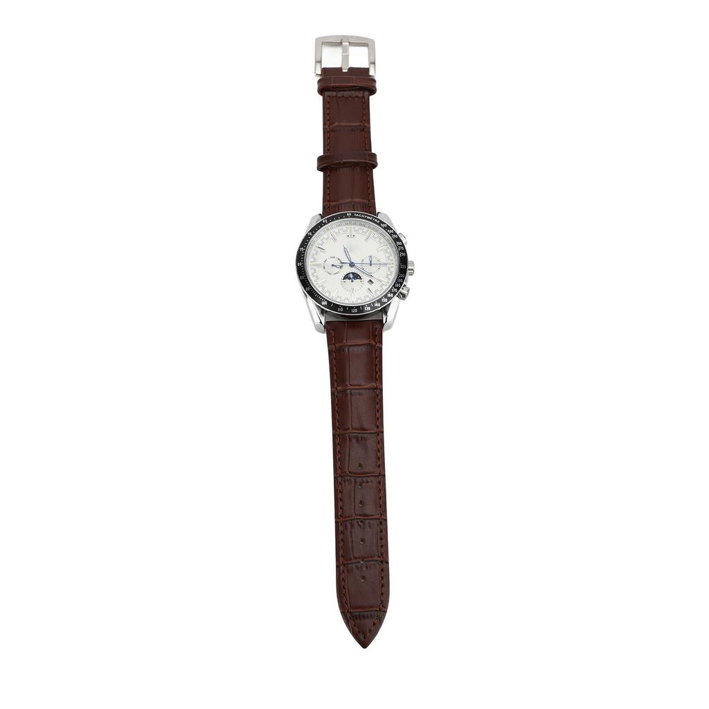 Men Automatic Mechanical Watch Moon Phase 6 Luminous Hands Self Winding Chronograph Display PU Leather Strap Analog