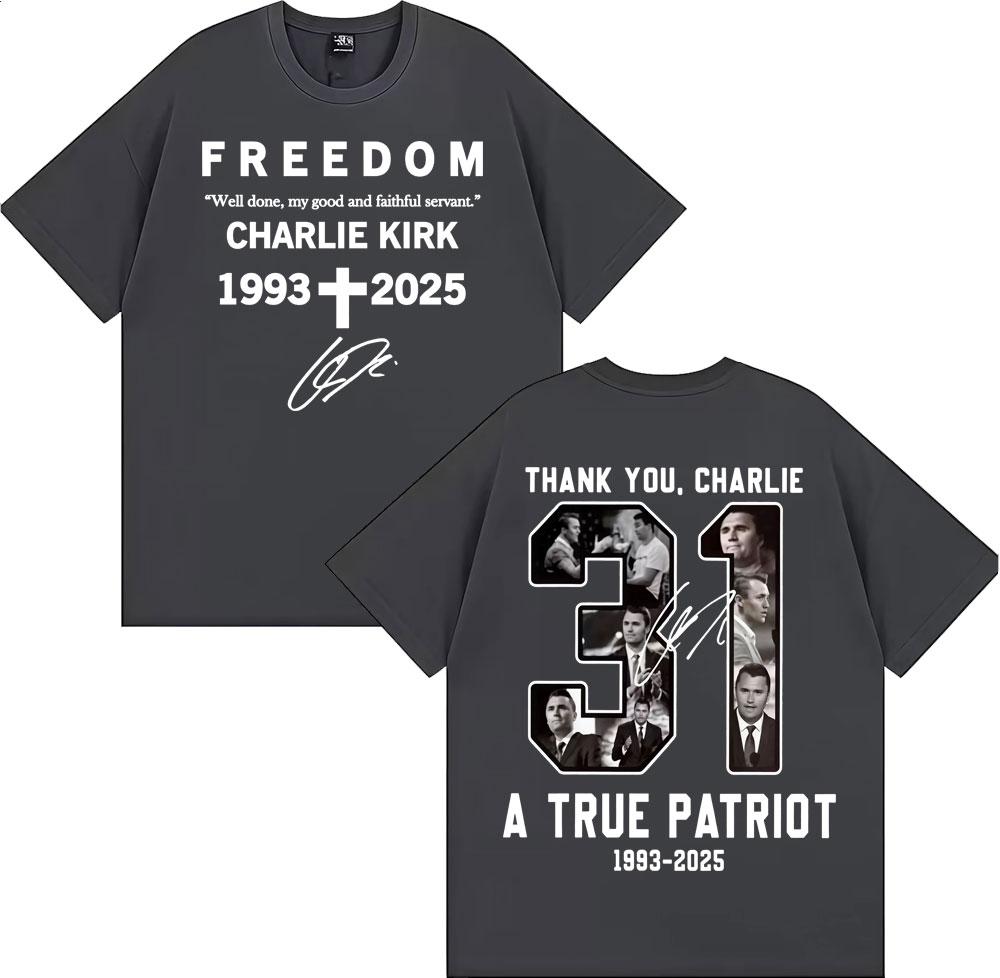 Thank You Charlie Kirk T Shirt A True Patriot Freedom Double Sided Print Tee Shirt Men Women Casual Cotton Short Sleeve Tshirts