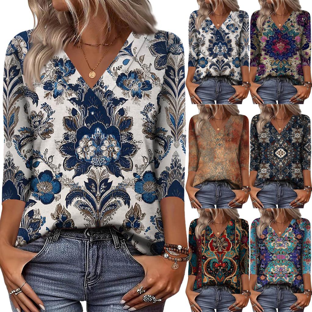 Women's 3/4 Sleeve Shirts V Neck Print Tops Casual Tops Basic Tees Blouse Loose Tops