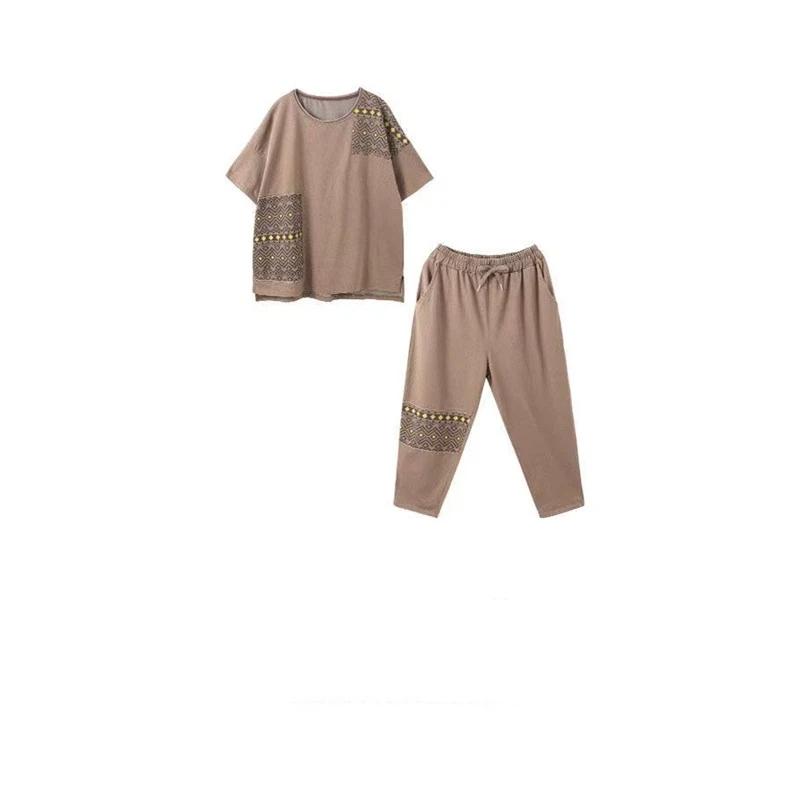 Women Summer 2 Piece Outfit Plus Size Cotton Linen Patchwork Printed Short Sleeve Top & Harem Pants Set Casual Loose Mother Clothes