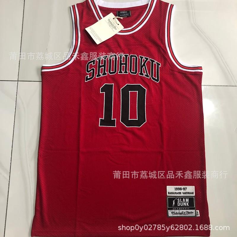 Full Embroidered Basketball Jersey Sakura Hanamichi 10 Red White Cotton Sports Uniform Men Women