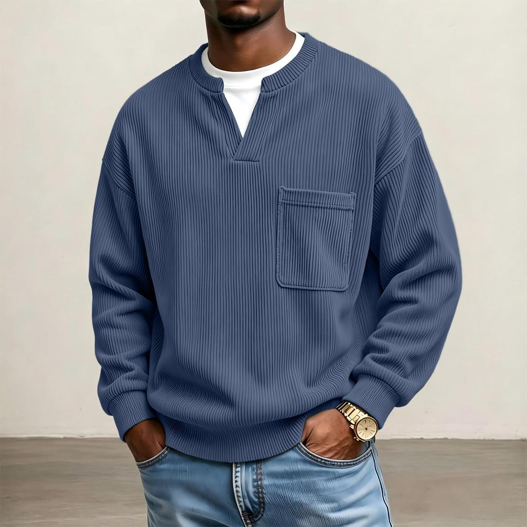 Sweatshirt en velours côtelé à col en V avec poche pour homme, pour un style décontracté de tous les jours