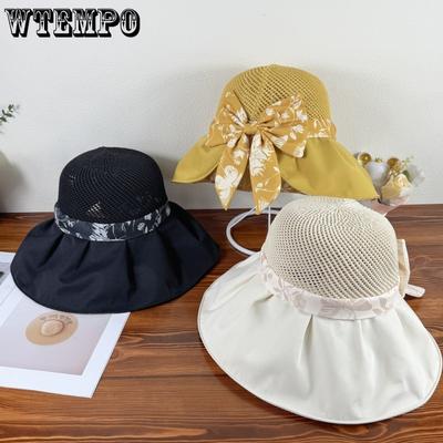 Women's Printed Bow Fisherman Hat with Large Brim Summer UV Resistant Folding Sun Hat