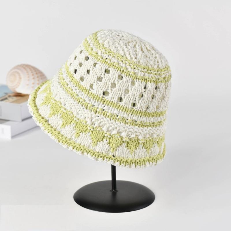 Woven Bucket Hat For Women Summer Versatile Niche Design Color-Blocked Fisherman Hat Hollow-Out Sun Protection Hat