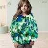 Girls Long Sleeve Hooded Sweatshirt Green Blue Leaf Printed Pullover
