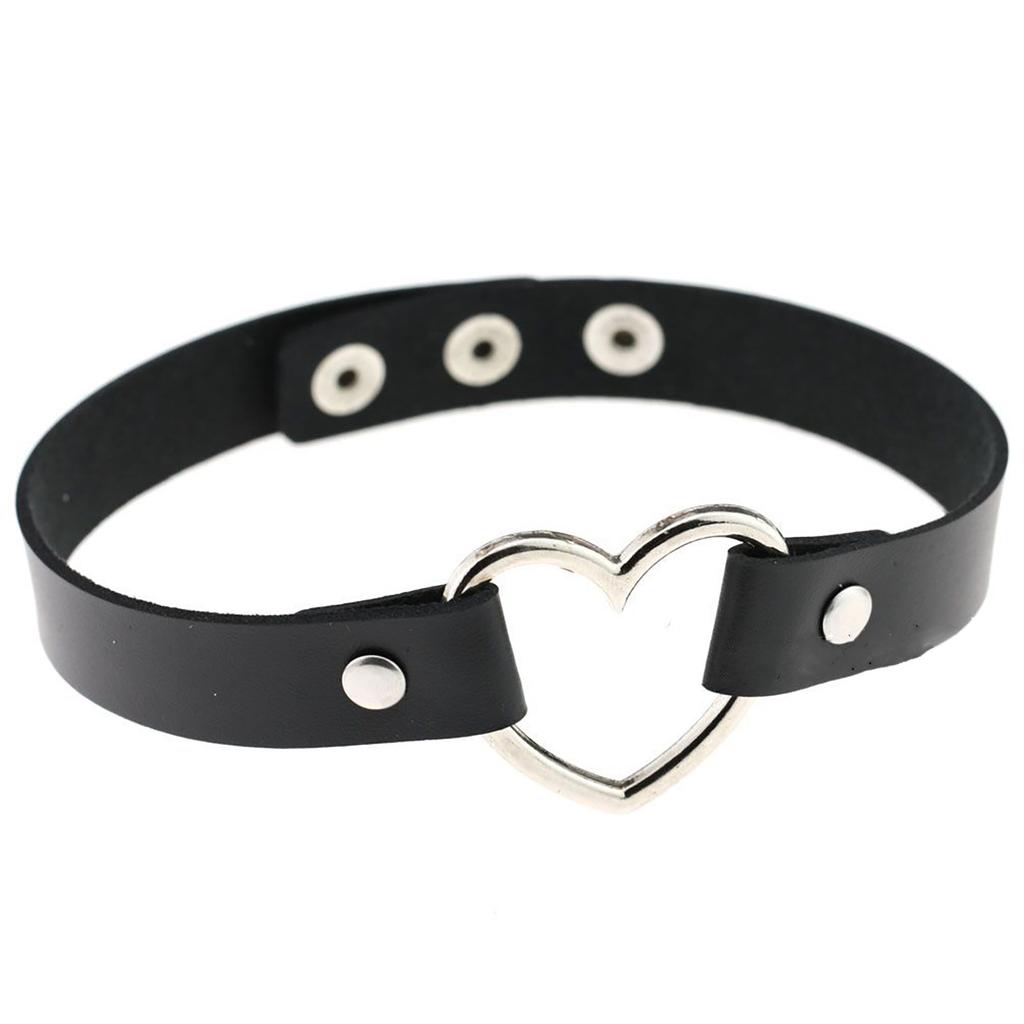 PU Leather Choker Necklace Punk Style Heart Shape Pendant Adjustable Snap Closure Neck Band for Women Girls Accessories