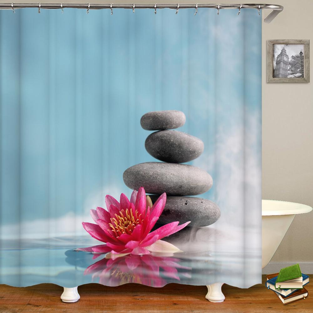 Zen Shower Curtain 3D Stone Running Water Flower Plant Shower Curtains Waterproof Mold Proof Curtain Washable Zen Shower Curtain