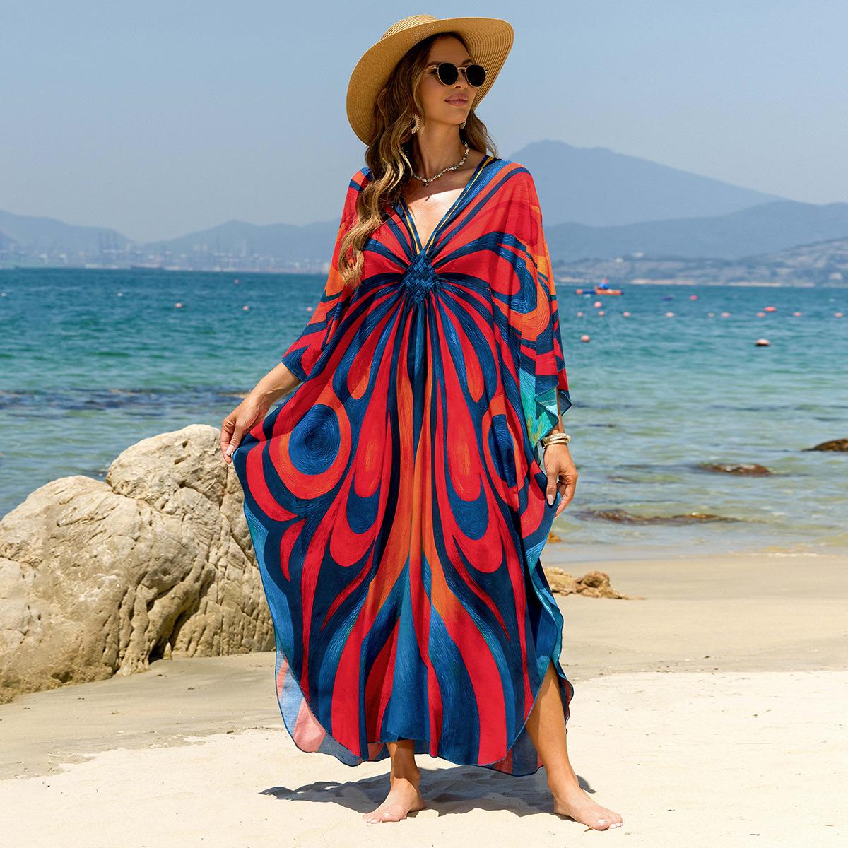 

Пляжные кафтаны для женщин с принтом бабочек, больших размеров, накидки для купальников, платья макси, летние, для отпуска, купальные костюмы One Size красный