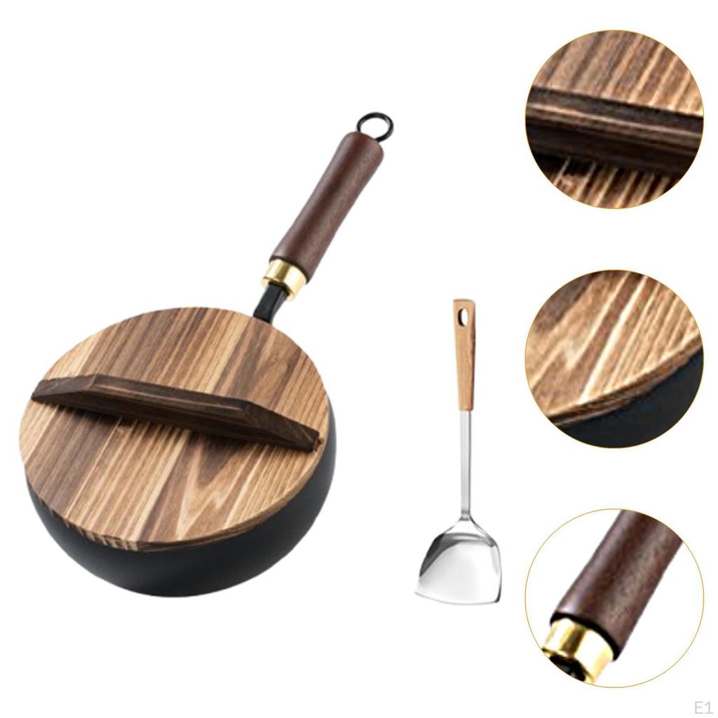 Kompaktowa patelnia do smażenia z drewnianą pokrywką do gotowania indukcyjnego i gazowego