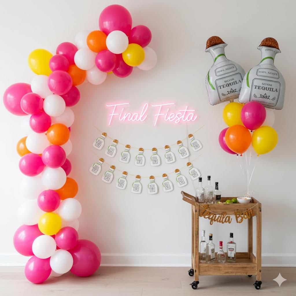 Tequila Bottle Banner (16pc, 12ft Gold String) 21st Birthday Decorations, Moo Moos and Margaritas Margs and Matrimony Garland Bachelorette Party