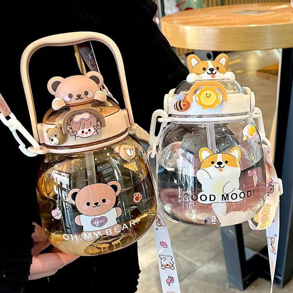Large Cartoon Children's Straw Water Bottle - High-Capacity, Stylish Plastic Cup for Students