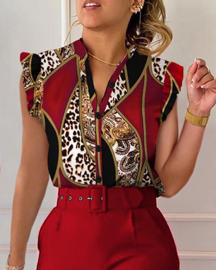 

Summer Women V Neck Printed Button Shirt Petal Sleeve Fashion Top S