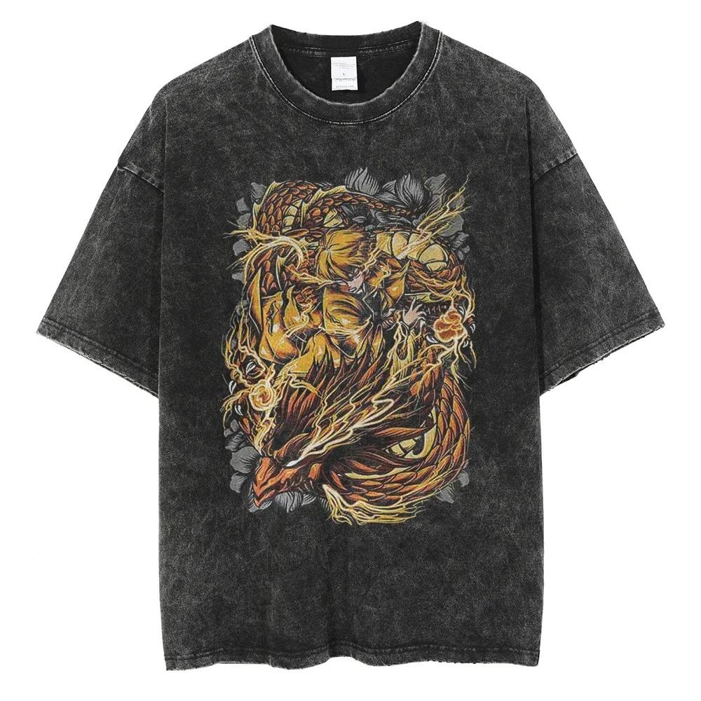 Oversized Acid-Wash Vintage Short-Sleeve T-Shirt Featuring Demon Slayer: Kimetsu no Yaiba Yoriichi Tsugikuni vs Muzan Kibutsuji Dark Battle Graphic