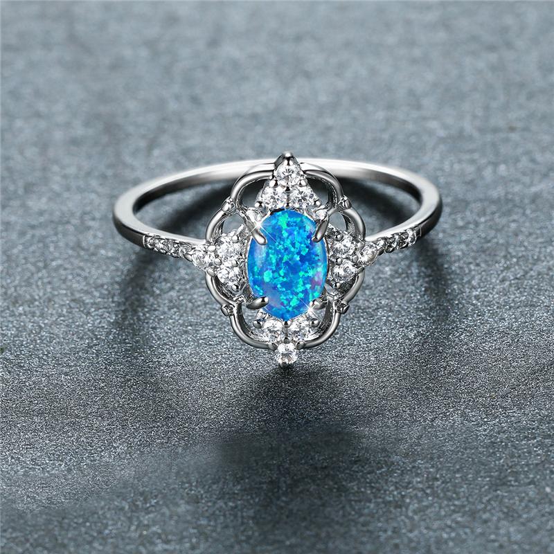Vintage Hollow Flower Engagement Ring White Blue Oval Stone Delicate Silver Color Rings for Women Bridal Jewelry