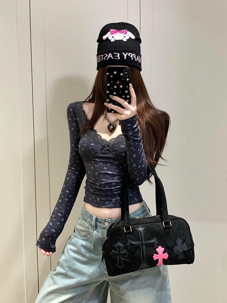 Women's American Floral Slim Fit Long Sleeve Top - Trendy, Versatile Base Layer for Spring & Autumn