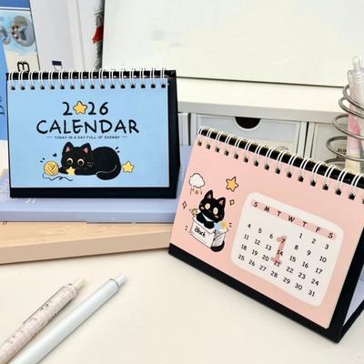 Cat Desk Calendar 2026 Cute Desktop Standing Flip Calendar with Cartoon Black Cat for Home Office Study Workstation