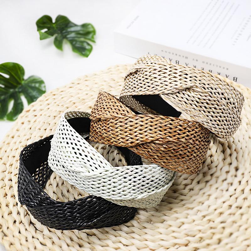 1PC Straw Weaving Cross Knotted Headband Women Girls Handmade Hair Hoop Hand-woven Wide Head Band Lady Braided Hair Accessories