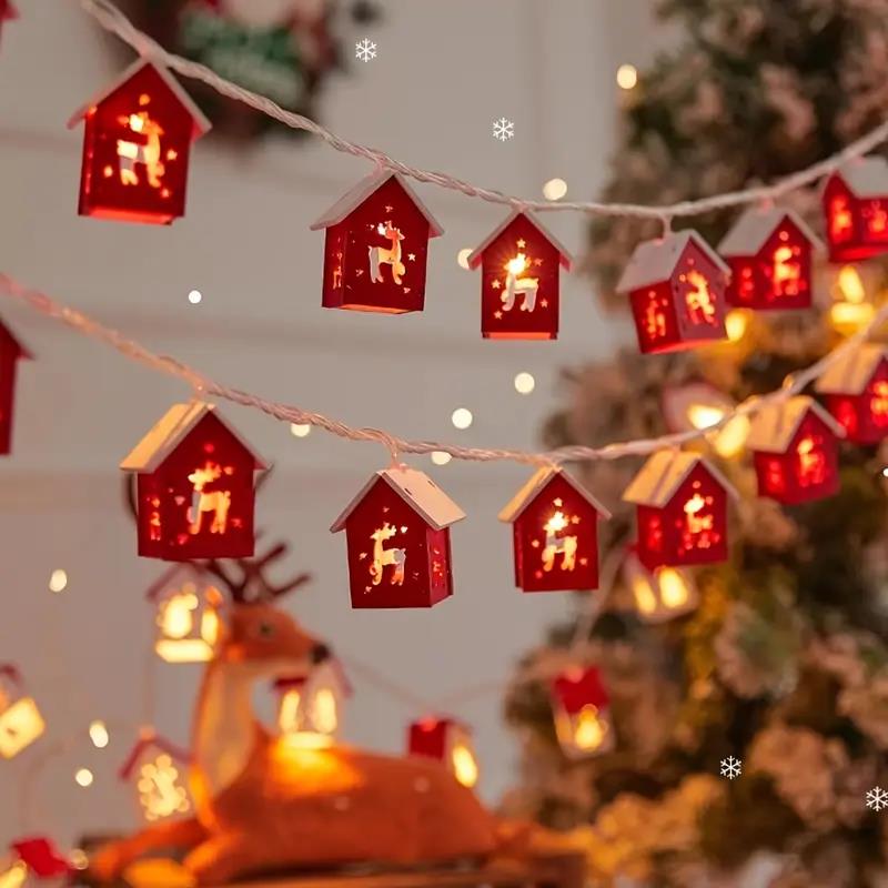 10LED Red Wooden House String Light Christmas Home Room Decoration Xmas Tree Hanging Ornaments 2026 New Year Party Kids Gifts
