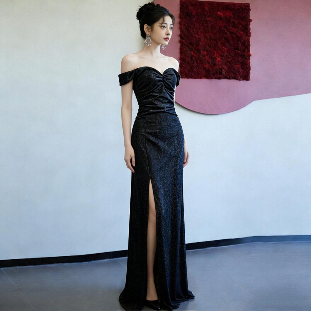 Black Elegant Long Dress Shoulder Women's New Banquet Temperament Art Test Atmosphere Performance Annual Meeting Host Dress
