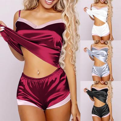 Pijama de dos piezas para mujer, de seda sintética, con tirantes y pantalones cortos, de satén, sexy, erótico, para el hogar.
