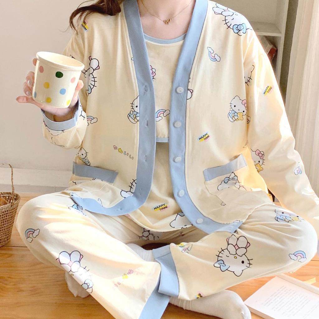 Spring & Autumn Maternity Pajama Set: Breathable Three-Piece for Delivery & Breastfeeding with Absorbent Breast Pads