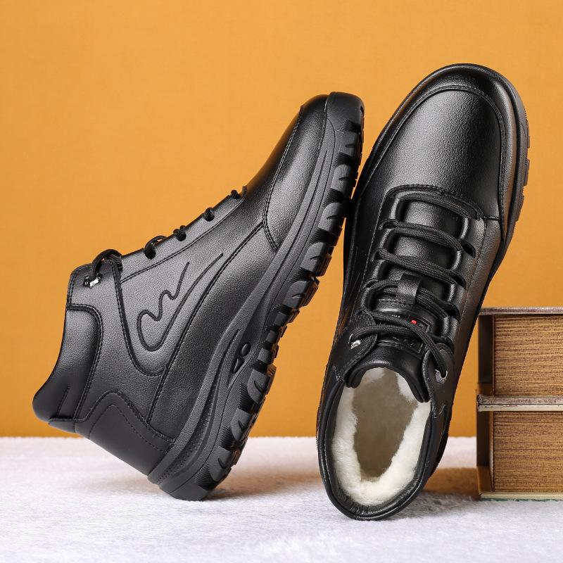 Fashion NEW Genuine Leather Cotton Shoes Men's Winter Plush Warm Leather Shoes Thickened Wool Anti-skid Leisure Trend High Top Shoes Men