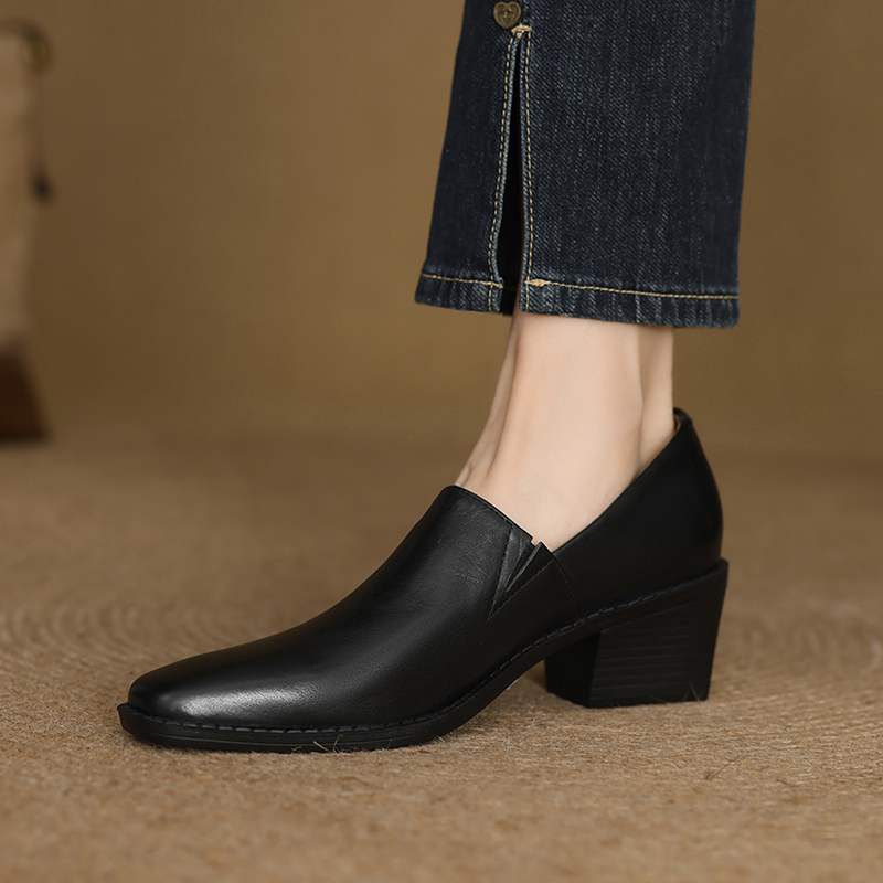 Krazing Pot Cow Skin Fashion Spring Autumn Thick High Heels Women Round Toe Office Lady Retro Fashion Pumps