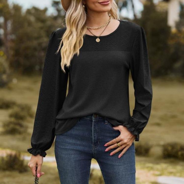 Breathable Mesh Long Sleeve Tops for Women Solid Color Puff Sleeve T Shirt Round Neck Casual Daily Wear