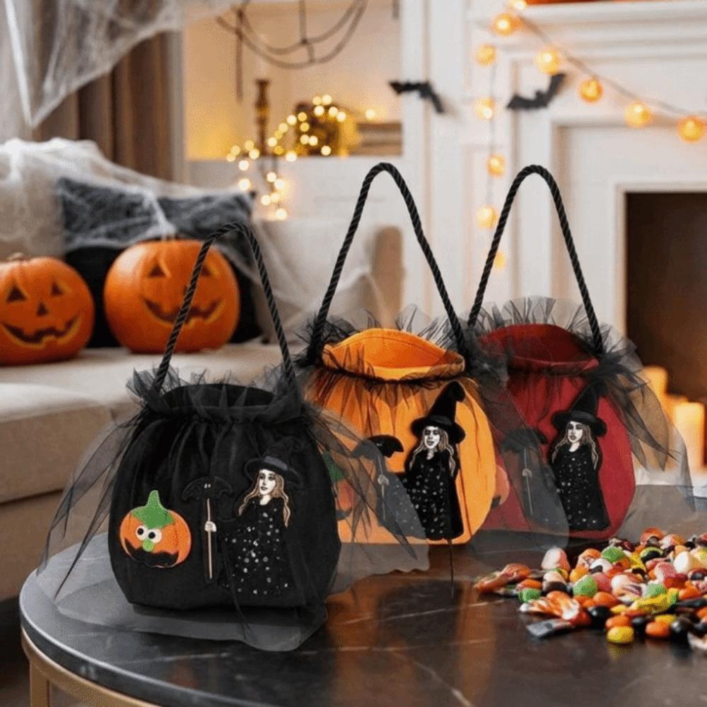 Non-woven Witch Pumpkin Treat Pouch Hand‑held Folding Halloween Candy Bag Festival Embroidered Witch Pumpkin