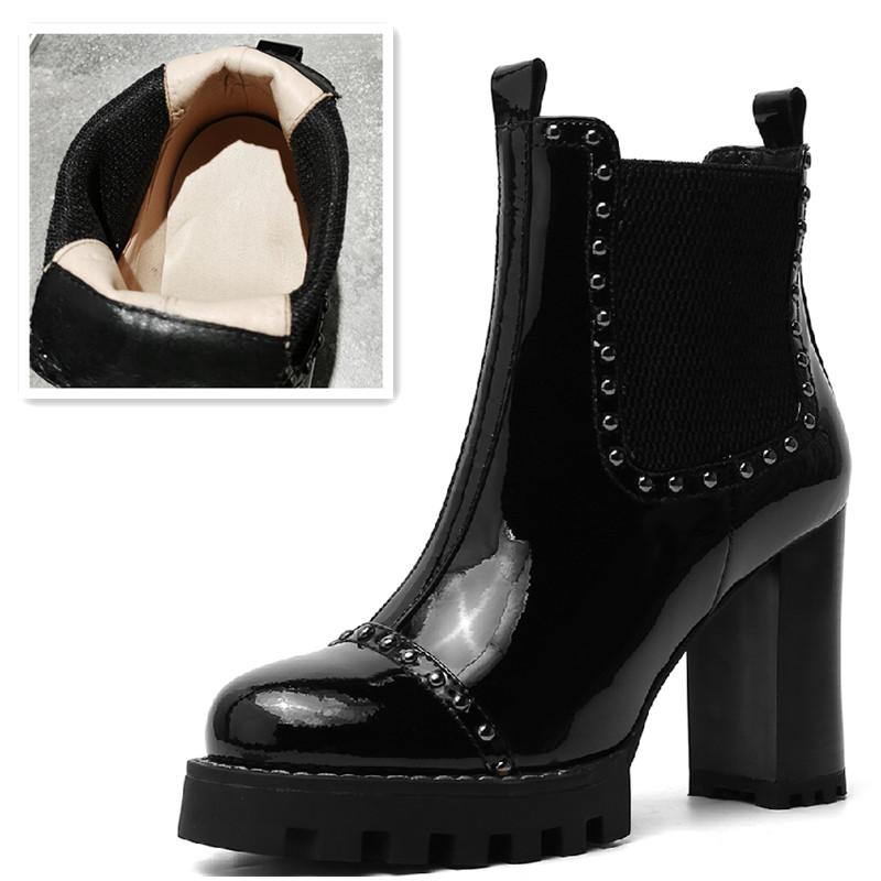 

Ботильоны из натуральной кожи для женщин, роскошные заклепки, черный блочный каблук, короткие сапоги, зеркальные металлические туфли для вечеринок, женские сексуальные 34