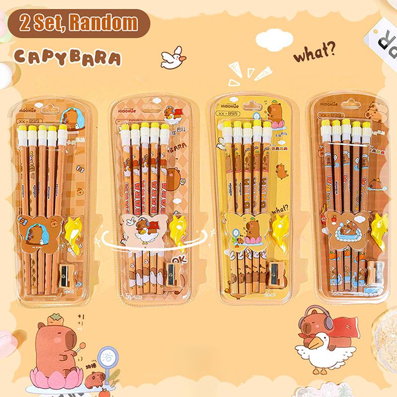 2Set Cartoon Cute Capybara Hb Pencils With Eraser Student Writing Drawing Hb Pencils Sketch Pens Student Stationery Gifts